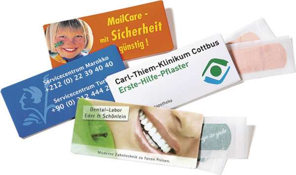 Pflasterbox Care Card mit Werbeaufdruck als Streuartikel